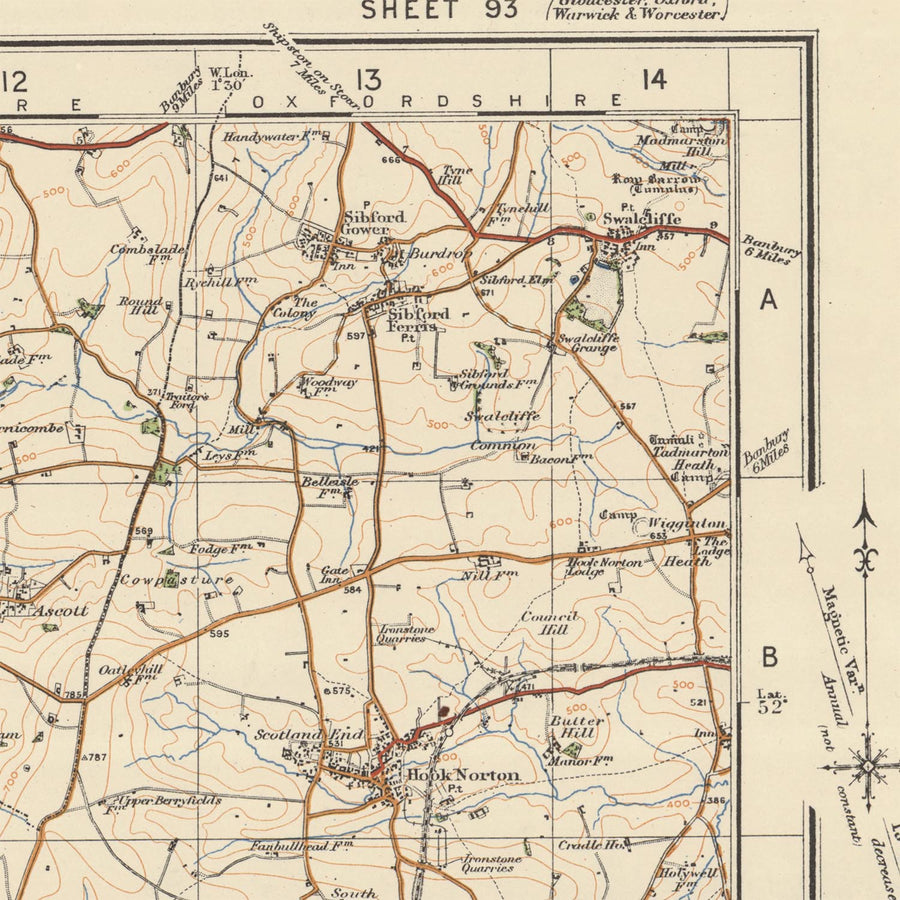 Alte Ordnance Survey-Karte, Blatt 93 - Stow on the Wold, 1925: Moreton-in-Marsh, Chipping Norton, Bourton-on-the-Water, Witney, Cotswolds AONB 