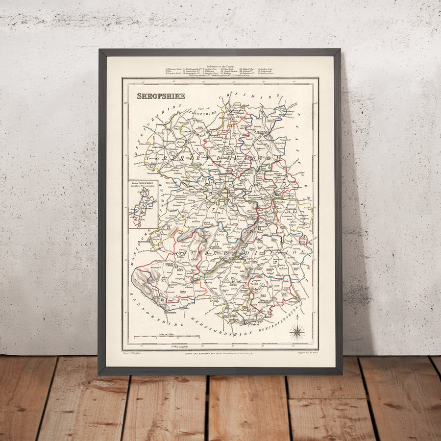 Old Map of Shropshire by Samuel Lewis, 1844: Telford, Shrewsbury, Oswestry, Bridgnorth, and Wellington