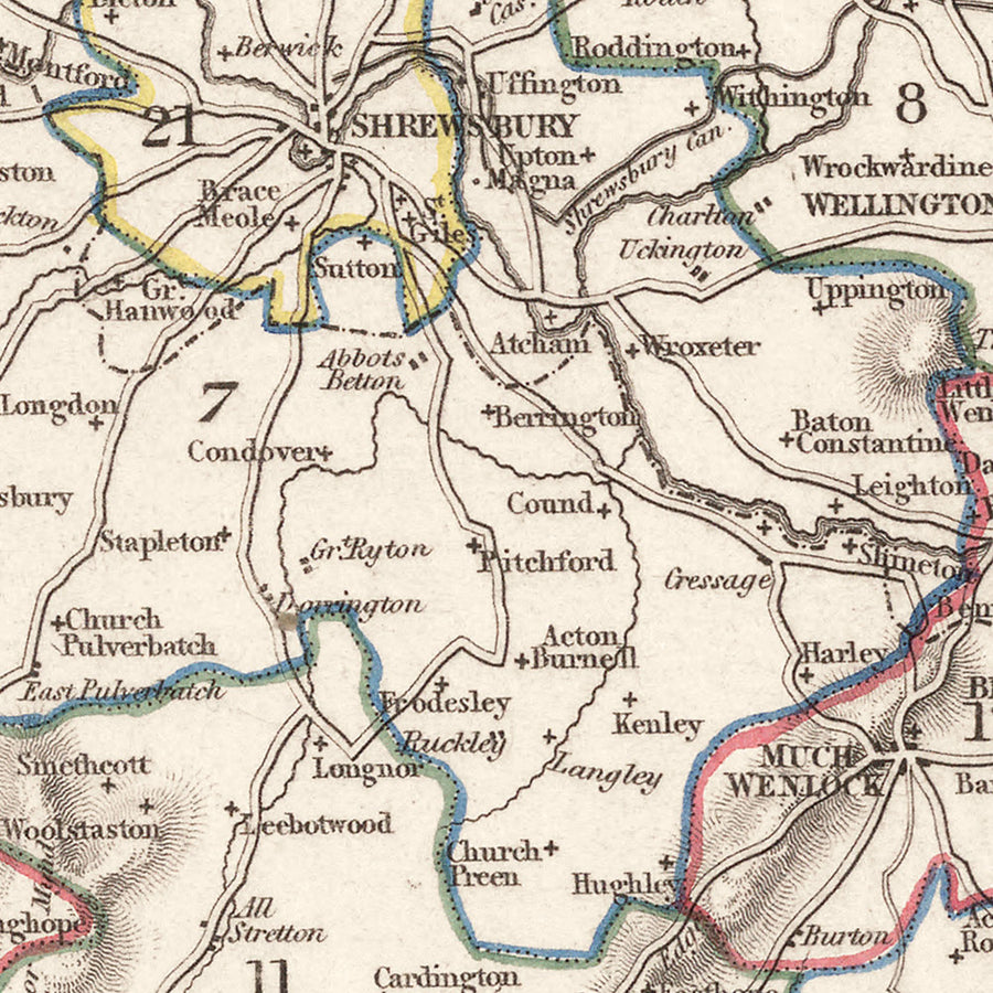 Old Map of Shropshire by Samuel Lewis, 1844: Telford, Shrewsbury, Oswestry, Bridgnorth, and Wellington