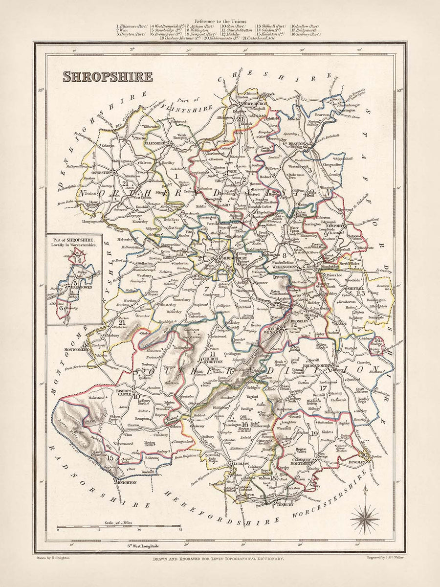 Old Map of Shropshire by Samuel Lewis, 1844: Telford, Shrewsbury, Oswestry, Bridgnorth, and Wellington