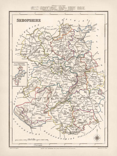 Old Map of Shropshire by Samuel Lewis, 1844: Telford, Shrewsbury, Oswestry, Bridgnorth, and Wellington