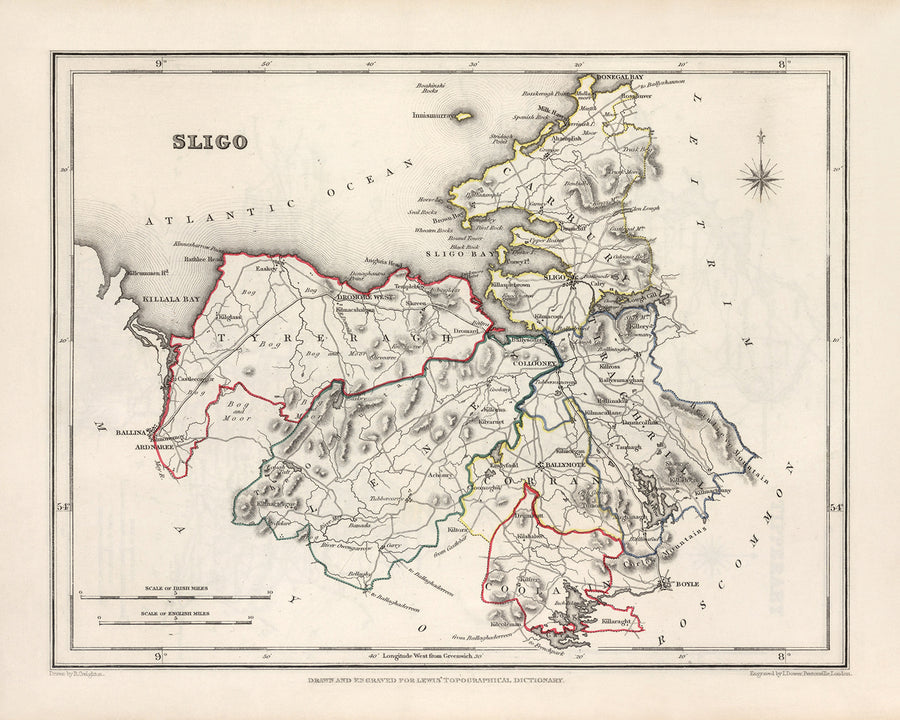Mapa antiguo del condado de Sligo por Samuel Lewis, 1844: Ballymote, Tubbercurry, Enniscrone, Rosses Point, Lough Gill