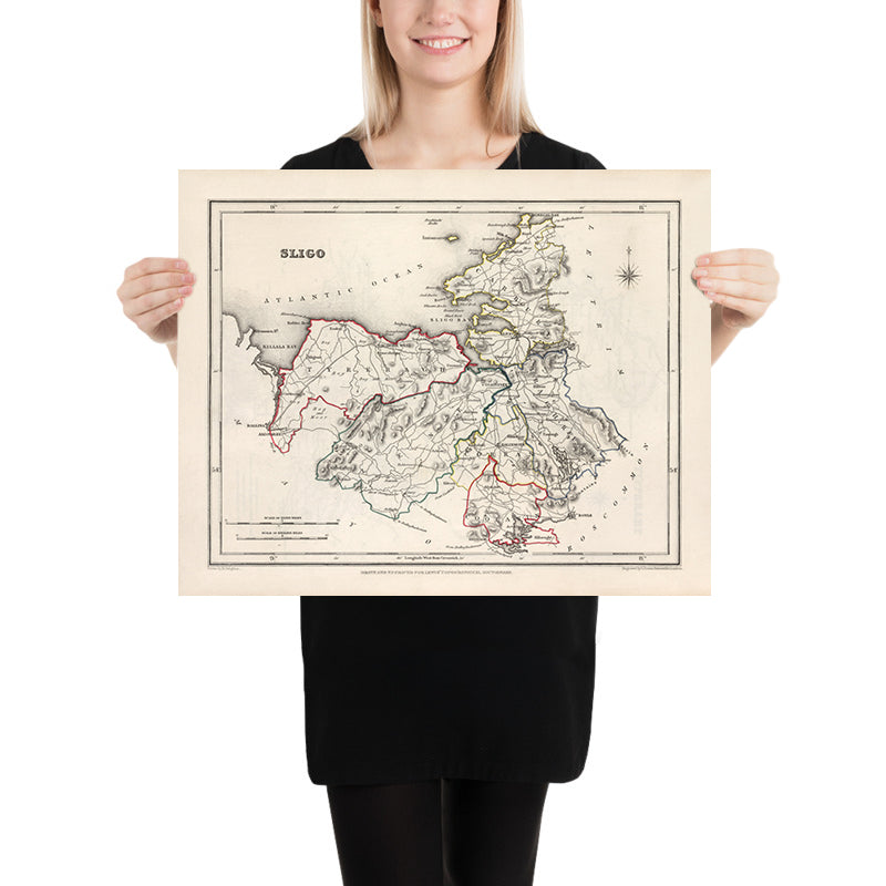 Mapa antiguo del condado de Sligo por Samuel Lewis, 1844: Ballymote, Tubbercurry, Enniscrone, Rosses Point, Lough Gill