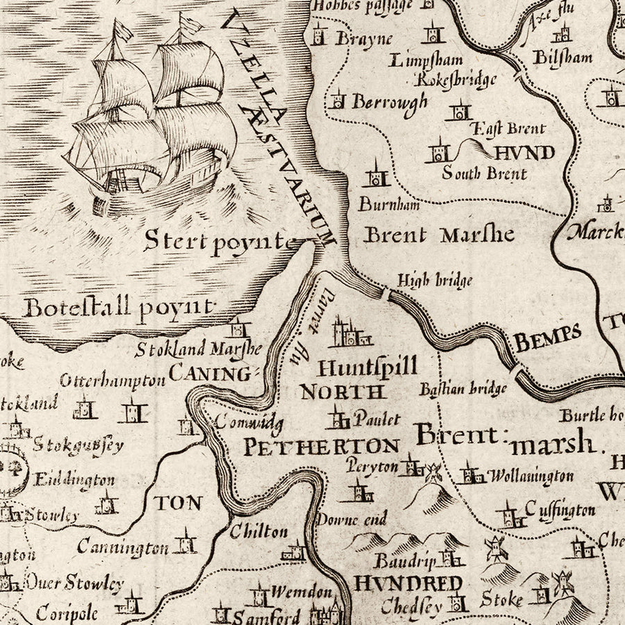 Alte Karte von Somerset im Jahr 1611 von John Speed - Bath, Portishead, Weston-Super-Mare, Taunton, Yeovil 