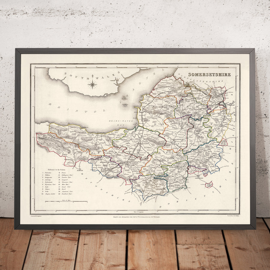 Old Map of Somerset, England by Samuel Lewis, 1844: Bristol, Bath, Weston-super-Mare, Taunton, and Yeovil