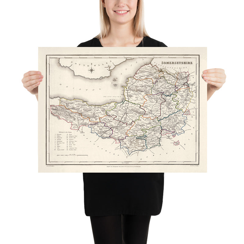 Old Map of Somerset, England by Samuel Lewis, 1844: Bristol, Bath, Weston-super-Mare, Taunton, and Yeovil