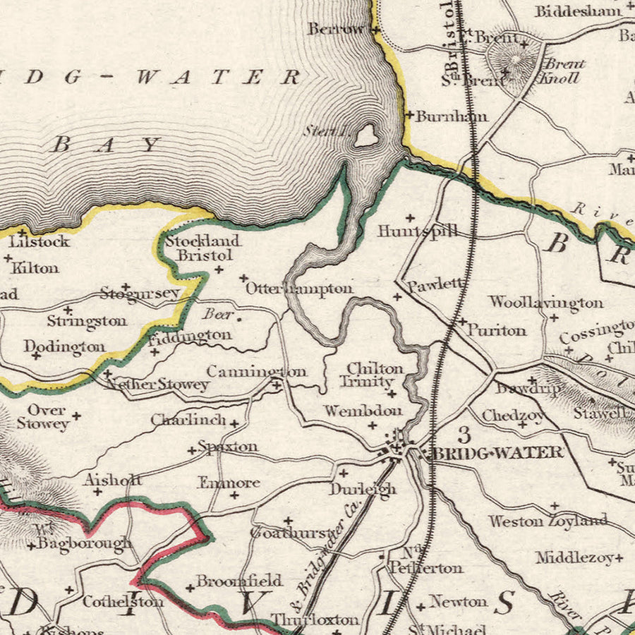 Old Map of Somerset, England by Samuel Lewis, 1844: Bristol, Bath, Weston-super-Mare, Taunton, and Yeovil