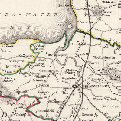 Ancienne carte du Somerset, Angleterre par Samuel Lewis, 1844 : Bristol, Bath, Weston-super-Mare, Taunton et Yeovil 