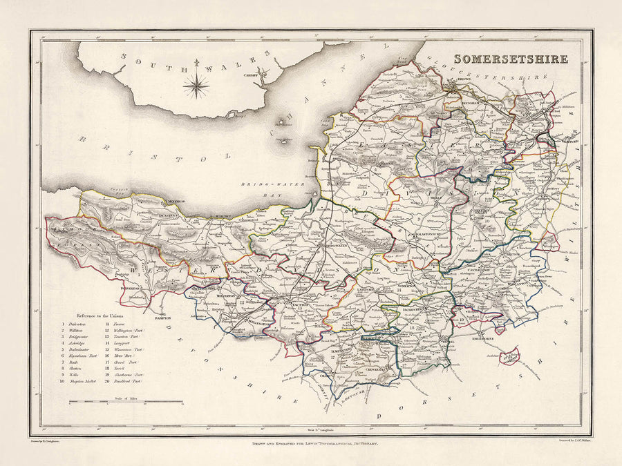 Old Map of Somerset, England by Samuel Lewis, 1844: Bristol, Bath, Weston-super-Mare, Taunton, and Yeovil