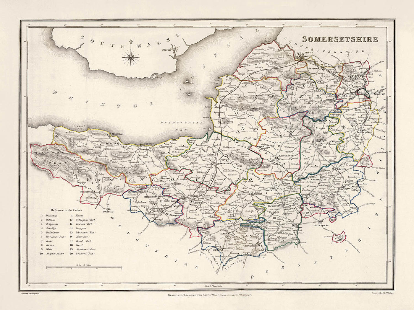 Ancienne carte du Somerset, Angleterre par Samuel Lewis, 1844 : Bristol, Bath, Weston-super-Mare, Taunton et Yeovil 