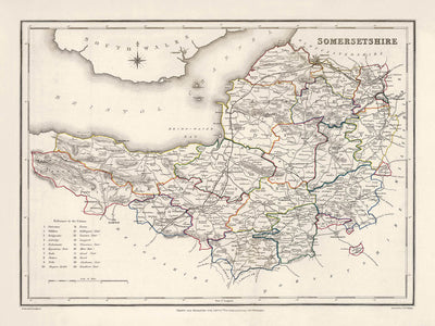 Ancienne carte du Somerset, Angleterre par Samuel Lewis, 1844 : Bristol, Bath, Weston-super-Mare, Taunton et Yeovil 