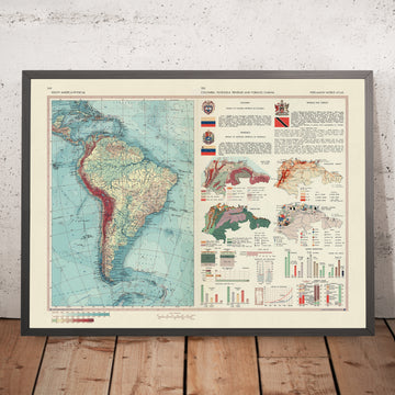 Mappa antica del Sud America, 1967: Mappa fisica e politica dettagliata, con piccole infografiche 