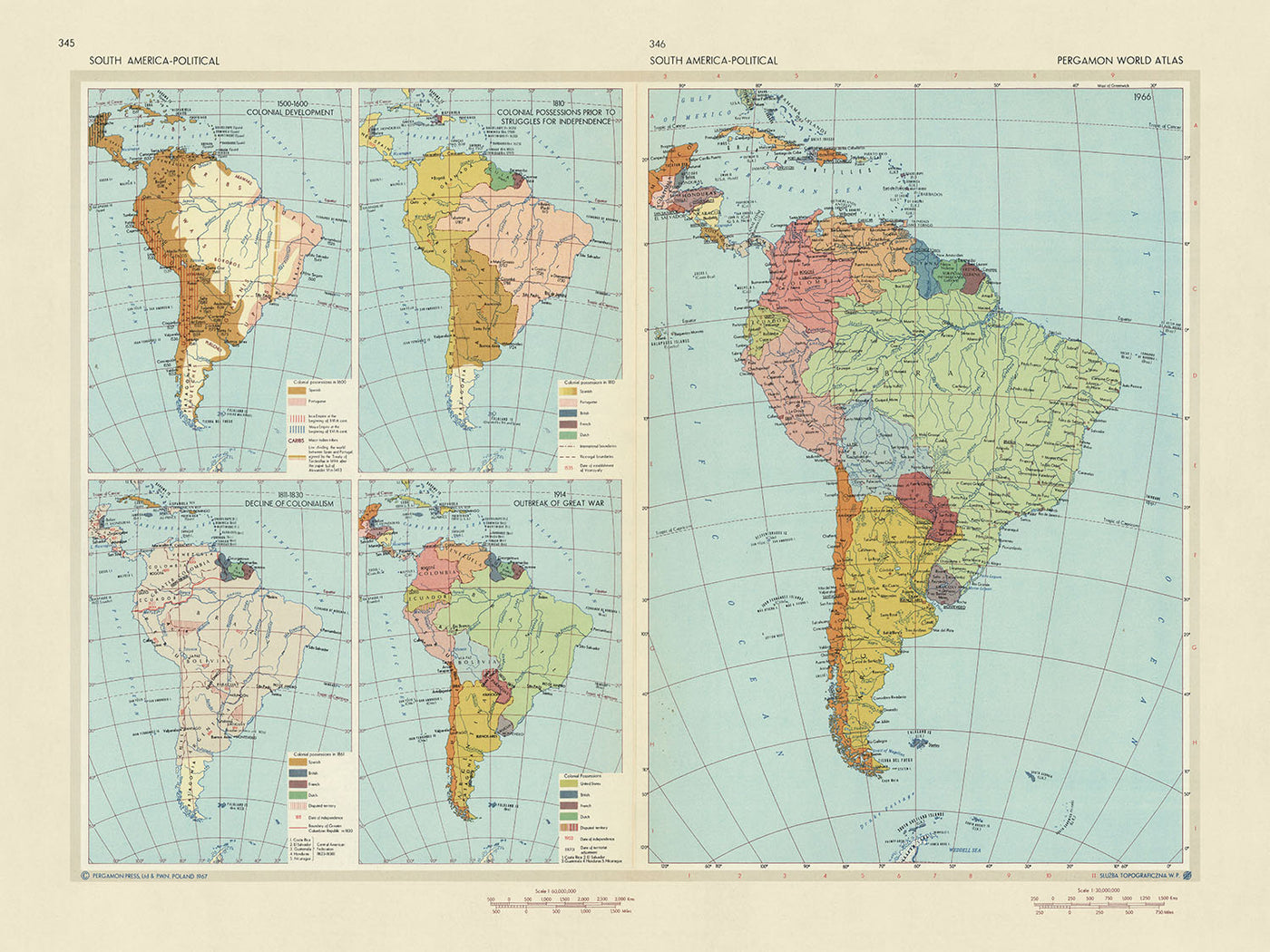 Alte Infografik-Karte von Südamerika politisch und historisch, 1967: Koloniale Entwicklung, Unabhängigkeitskämpfe und Infografiken