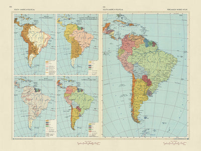 Alte Infografik-Karte von Südamerika politisch und historisch, 1967: Koloniale Entwicklung, Unabhängigkeitskämpfe und Infografiken