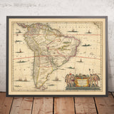 Mappa antica del Sud America di Visscher, 1690: Brasilia, Buenos Aires, Isole Falkland, Isole Galapagos, Foresta Amazzonica 