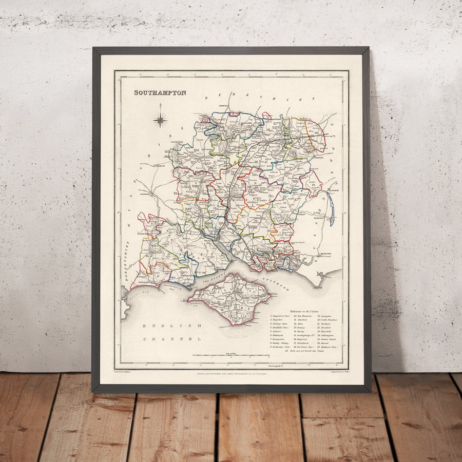 Alte Karte des Landkreises Southampton (Hampshire) von Samuel Lewis, 1844: Winchester, Portsmouth, Basingstoke 