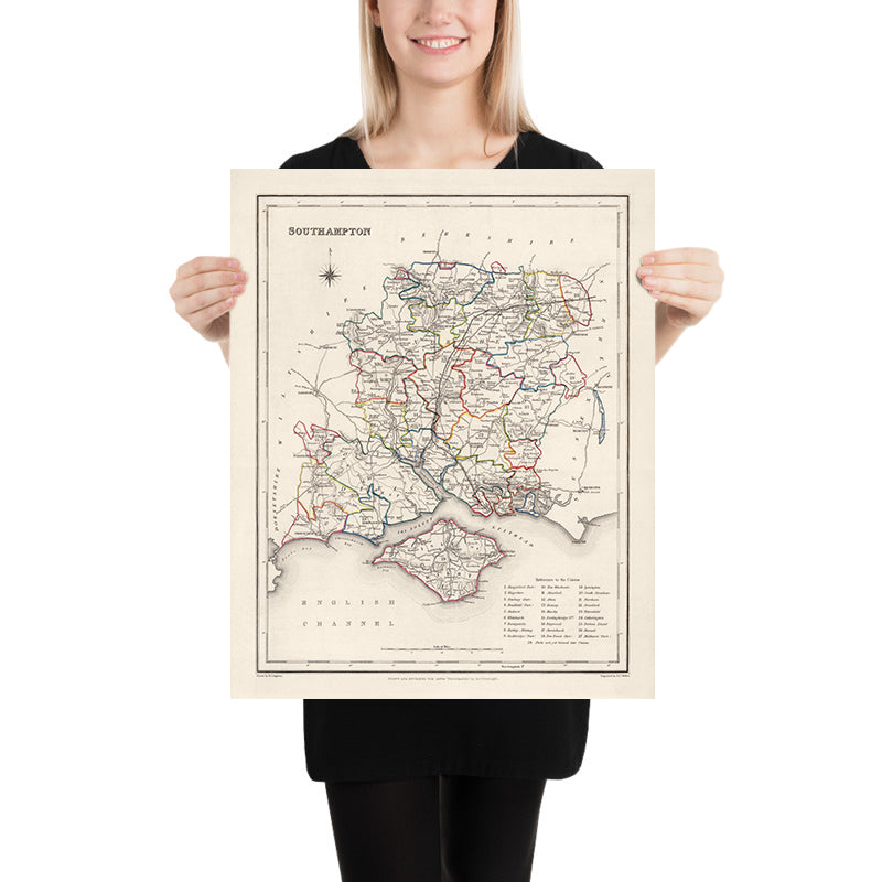 Alte Karte des Landkreises Southampton (Hampshire) von Samuel Lewis, 1844: Winchester, Portsmouth, Basingstoke 