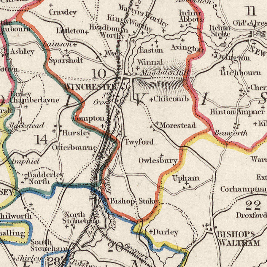 Alte Karte des Landkreises Southampton (Hampshire) von Samuel Lewis, 1844: Winchester, Portsmouth, Basingstoke 