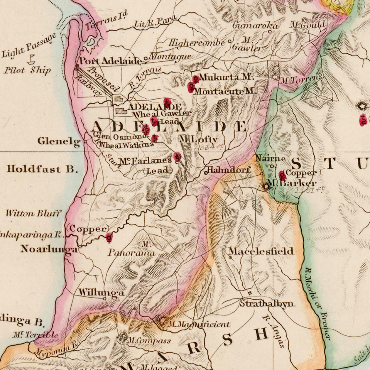 Old County Map of South Australia by Arrowsmith, 1858: Adelaide, Port Adelaide, Burra, Murray River, Copper Mines