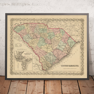 Alte Karte von South Carolina von Colton, 1859: Charleston, Columbia, Greenville, Spartanburg, Sumter 