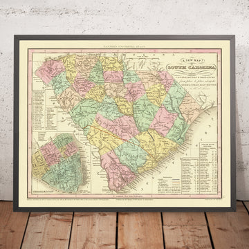 Alte Karte von South Carolina von Tanner, 1836: Charleston, Columbia, Camden, Georgetown und Beaufort 