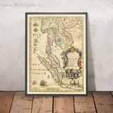 Antica mappa della Thailandia e dell'Indonesia di Pierre Du Val, 1686: Ayutthaya, Bangkok, Giava, Sumatra, Malacca 