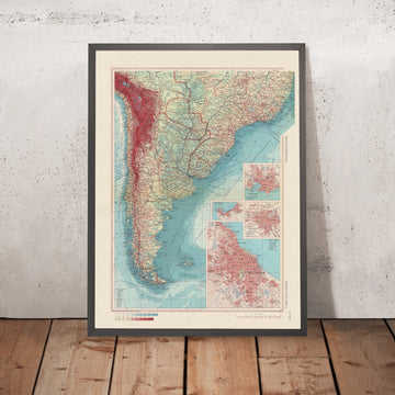 Alte Karte von Süd-Südamerika, 1967: Patagonien, Montevideo, Valparaíso, Santiago, Buenos Aires und Brasília 