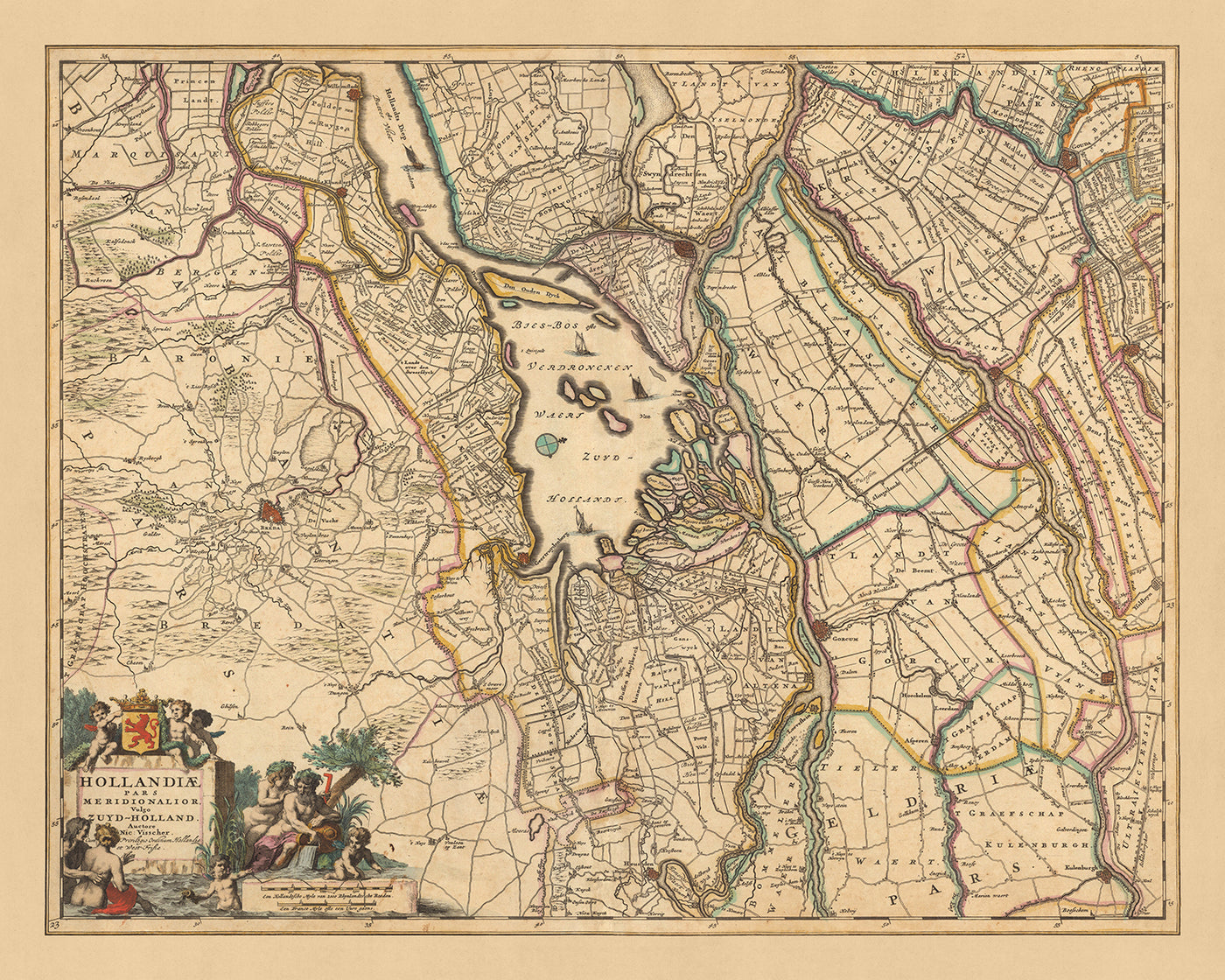 Mapa antiguo de Holanda Meridional de Visscher, 1690: Dordrecht, Breda, Roosendaal, Gouda, Parque Nacional De Biesbosch