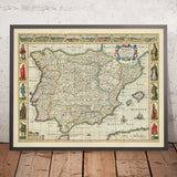 Ancienne carte de l'Espagne et du Portugal par Speed, 1626 : Madrid, Lisbonne, Gibraltar, mer de Biscaye, vie culturelle 