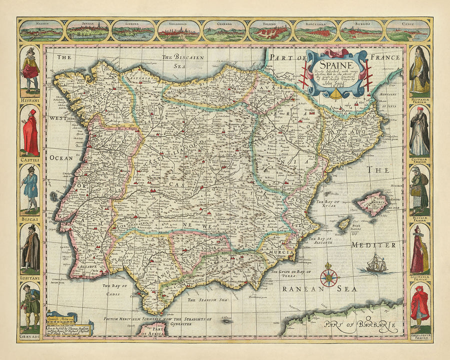 Antica mappa di Spagna e Portogallo di Speed, 1626: Madrid, Lisbona, Gibilterra, Mare di Biscaglia, vita culturale 