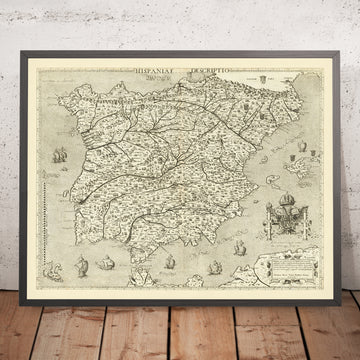 Old Pictorial Map of Spain and Portugal by Zenoi, 1560: Pillars of Hercules, Sevilla, Lisboa, Pyrenees, Sea Monsters