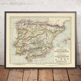 Mappa delle Vigne Vecchie di Spagna e Portogallo, 1883: Vino Rosso, Vino Bianco, Regioni Viticole di Liquori 