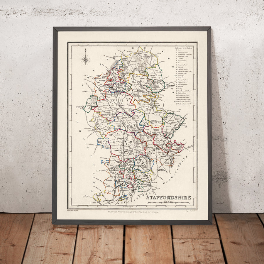 Alte Karte von Staffordshire von Samuel Lewis, 1844: Wolverhampton, Stoke-on-Trent, Lichfield, Tamworth, Cannock Chase 