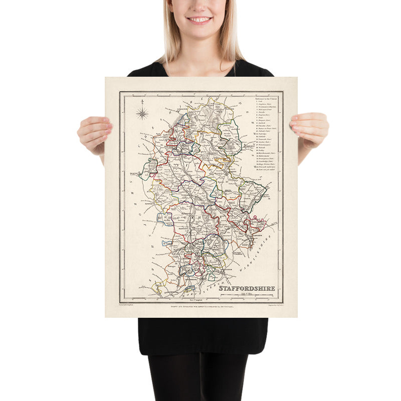 Ancienne carte du Staffordshire par Samuel Lewis, 1844 : Wolverhampton, Stoke-on-Trent, Lichfield, Tamworth, Cannock Chase