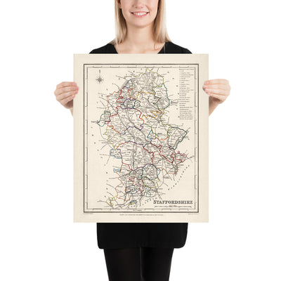 Ancienne carte du Staffordshire par Samuel Lewis, 1844 : Wolverhampton, Stoke-on-Trent, Lichfield, Tamworth, Cannock Chase