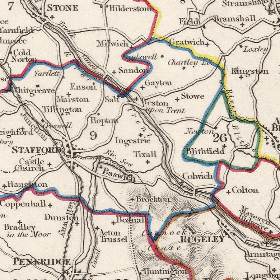 Alte Karte von Staffordshire von Samuel Lewis, 1844: Wolverhampton, Stoke-on-Trent, Lichfield, Tamworth, Cannock Chase 