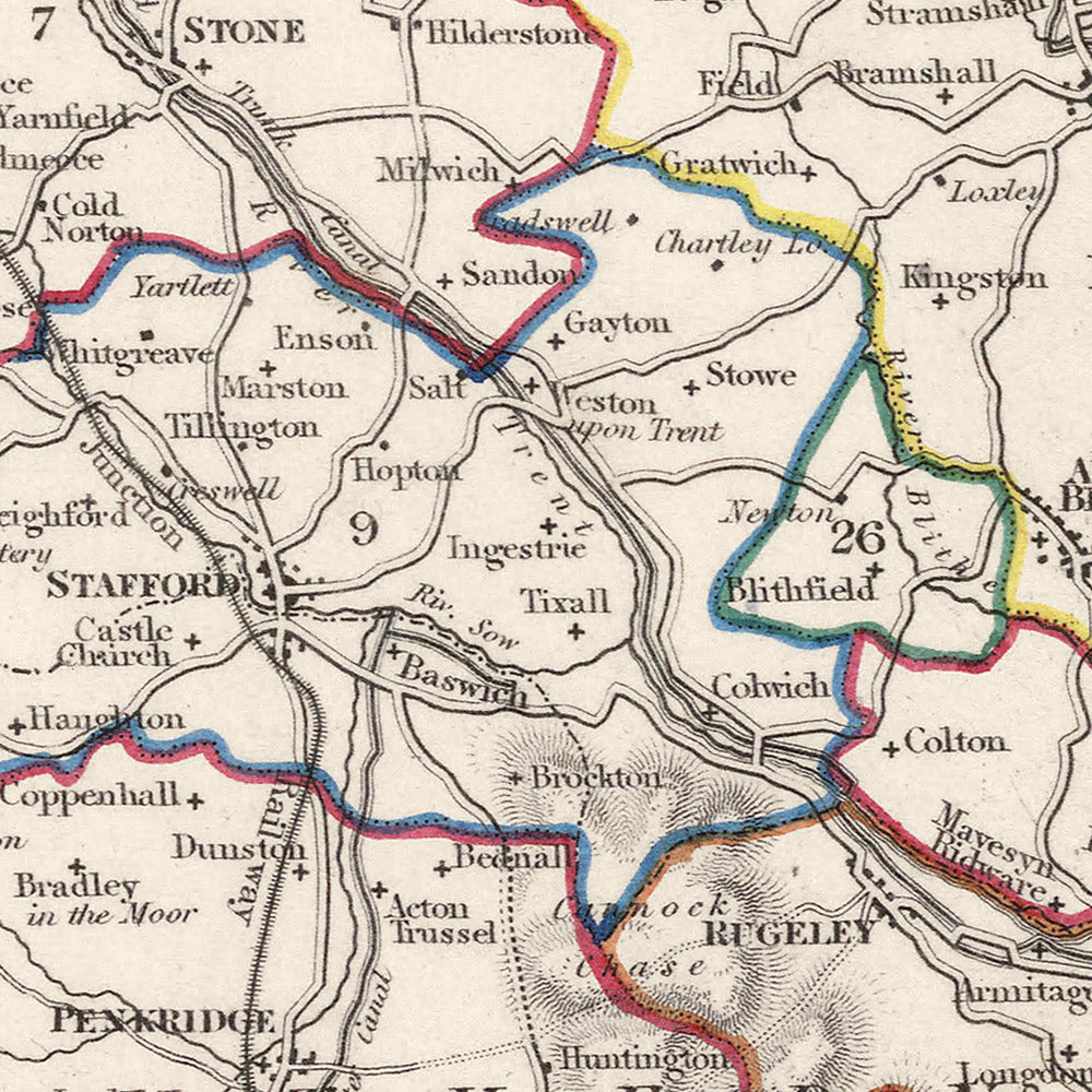 Ancienne carte du Staffordshire par Samuel Lewis, 1844 : Wolverhampton, Stoke-on-Trent, Lichfield, Tamworth, Cannock Chase