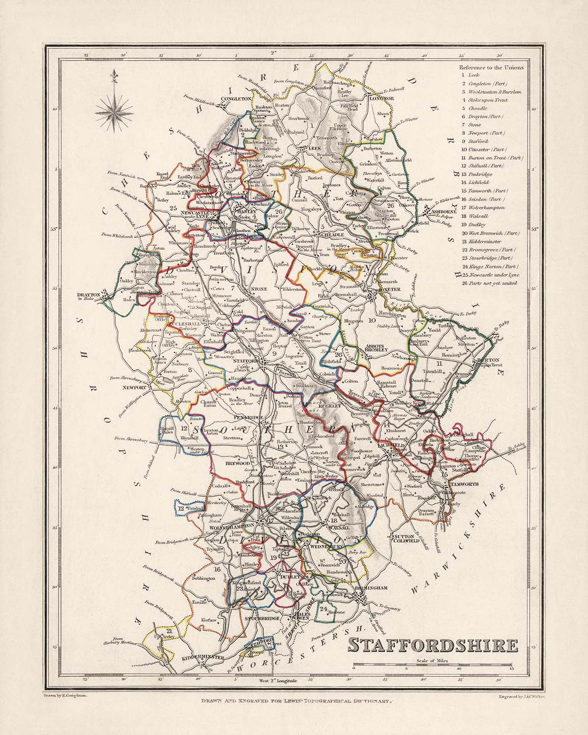 Ancienne carte du Staffordshire par Samuel Lewis, 1844 : Wolverhampton, Stoke-on-Trent, Lichfield, Tamworth, Cannock Chase