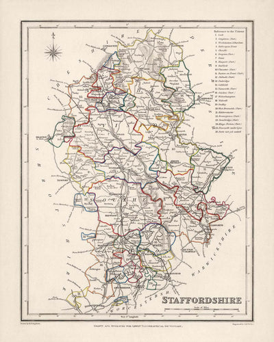 Ancienne carte du Staffordshire par Samuel Lewis, 1844 : Wolverhampton, Stoke-on-Trent, Lichfield, Tamworth, Cannock Chase
