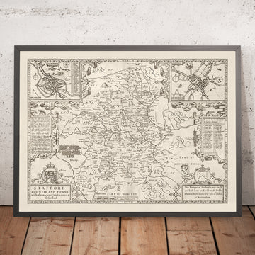 Vecchia mappa monocromatica del Staffordshire, 1611 di John Speed - Stafford, Wolverhampton, Stoke-on-Trent, Birmingham, Walsall, Dudley 