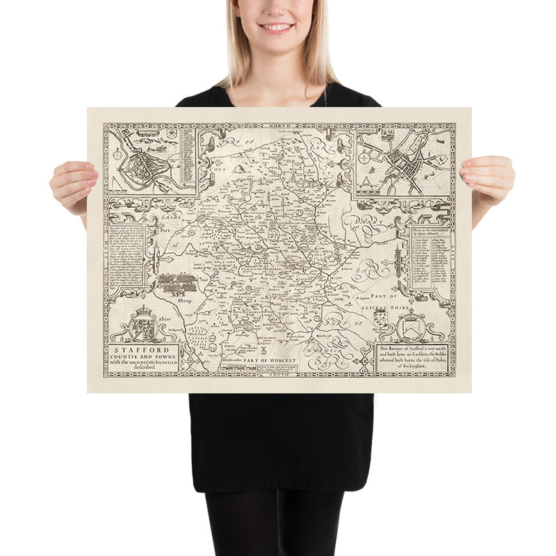 Old Monochrome Carte of Staffordshire, 1611 par John Speed ​​- Stafford, Wolverhampton, Stoke-on-Trent, Birmingham, Walsall, Dudley