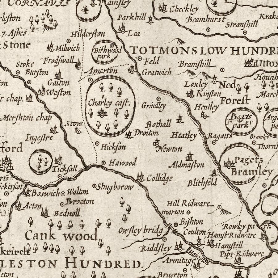 Old Monochrome Carte of Staffordshire, 1611 par John Speed ​​- Stafford, Wolverhampton, Stoke-on-Trent, Birmingham, Walsall, Dudley