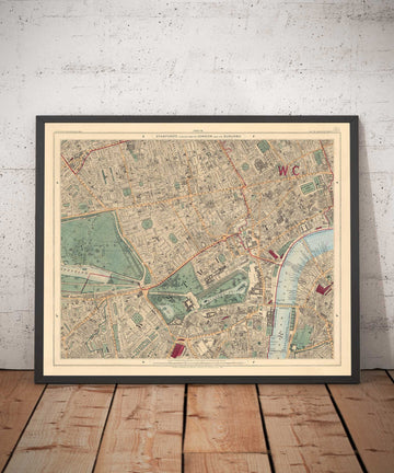 Antiguo mapa en color del centro de Londres, 1891 - Mayfair, Oxford Street, Westminster, Knightsbridge, Waterloo - W1, WC1, WC2, SW1, W2