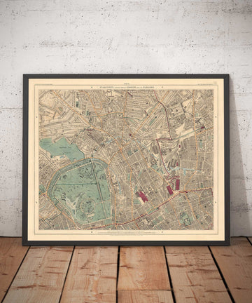 Ancienne carte en couleur du nord de Londres, 1891 - Camden, Regents Park, Primrose Hill, Kentish Town, Kings Cross - NW1 N1C N7 NW5 NW3 NW8