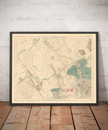 Old Colour Map of North London, 1891 - Hampstead, Cricklewood, Golders Green, Brent - NW2, NW3, NW11, NW4