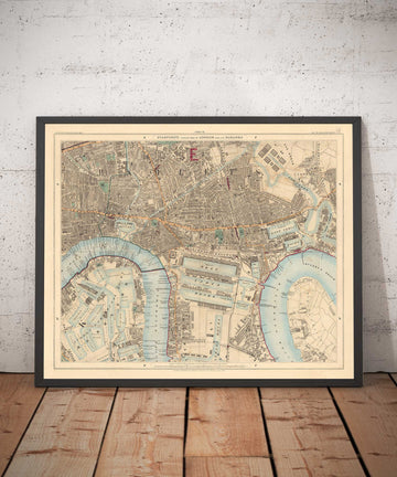 Alte Farbkarte von Ostlondon 1891 - Isle of Dogs, Tower Hamlets, Limehouse, Poplar, Canary Wharf, Surrey Quays - E1 E3 E14 SE16 