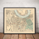 Antiguo mapa en color del sur de Londres en 1891 - Greenwich, Deptford, New Cross, Telegraph Hill, Blackheath - SE8, SE14, SE10 SE4 SE13