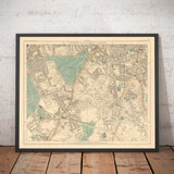 Alte Farbkarte von Südlondon, 1891 - Clapham, Balham, Brixton, Tooting, Common, Park - SW2, SW4, SW12, SW17, SW11 