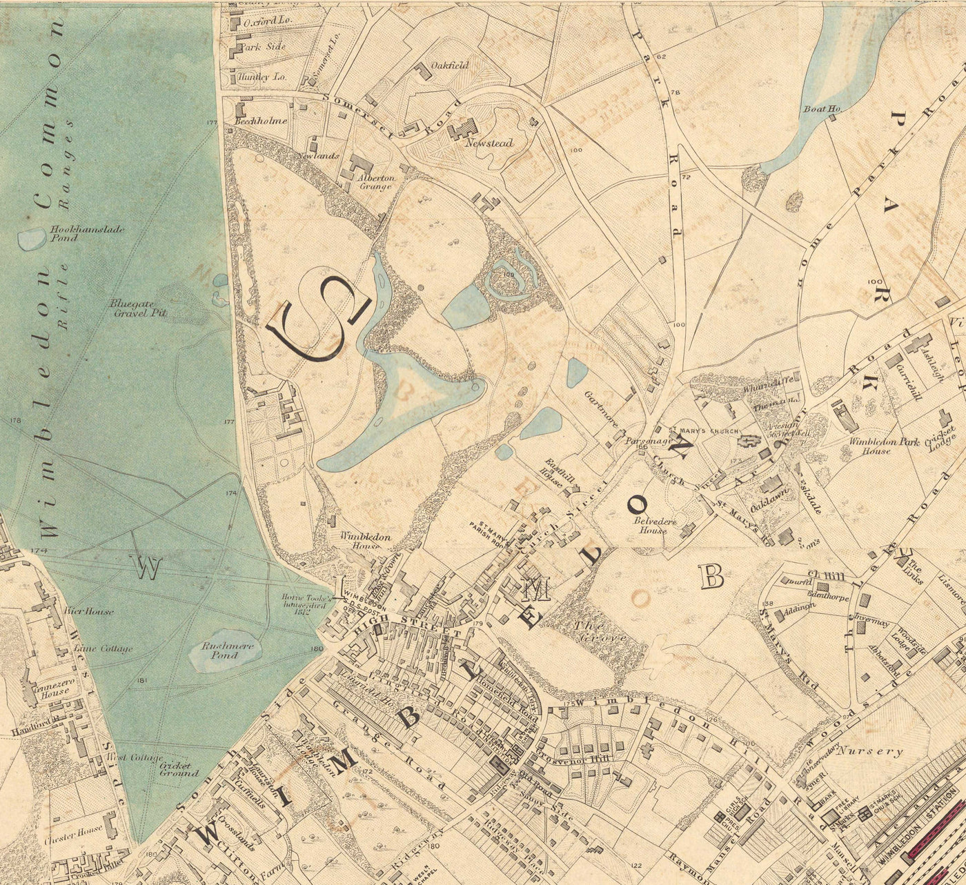 Antiguo mapa en color del suroeste de Londres, 1891 - Wimbledon, Merton, Summerstown - SW19, SW17 SW20