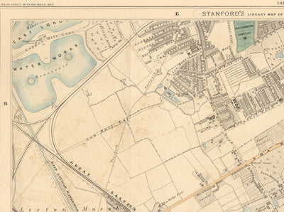 Alte Farbkarte von Nordost-London, 1891 - Walthamstow, Leyton, Wanstead, Leytonstone, Lea - E5, E10, E11, E17